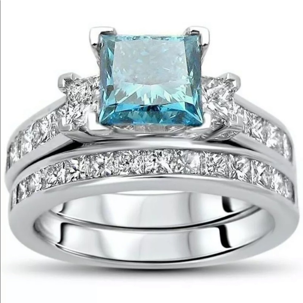 18K WHITE GOLD 2 1/2ct TDW Blue Princess-cut Diamond Bridal Set vermeil - Picture 2 of 10